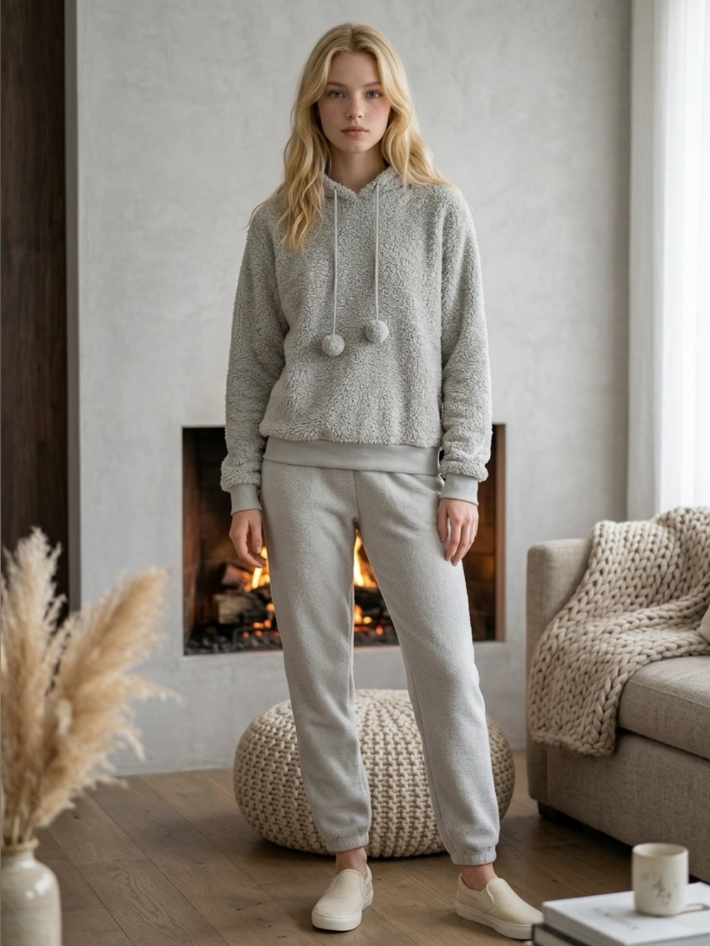 Cold Crush Gray Plush Fleece Pom-Pom Tie Sweatshirt Women’s Medium